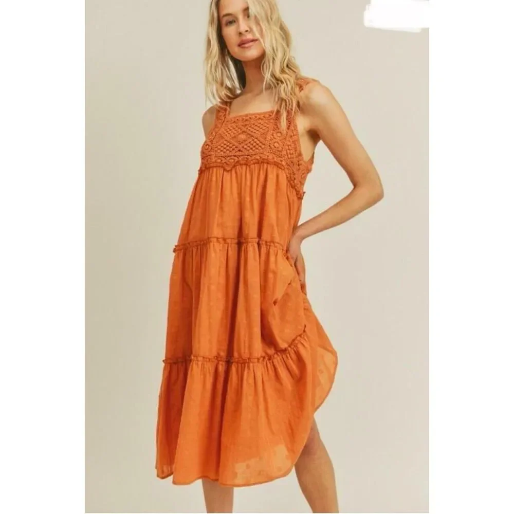 Lush Crochet Dress Women Sz S 4/6 Tiered Midi Ruffle‎ Trim Flowy Feminine Orange